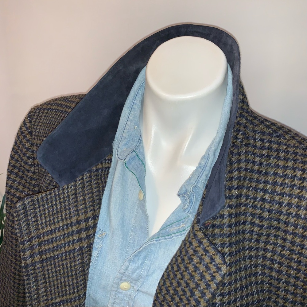 v i n t a g e :: Plaid Houndstooth Wool Leather Collar Blazer - Picture 3 of 13